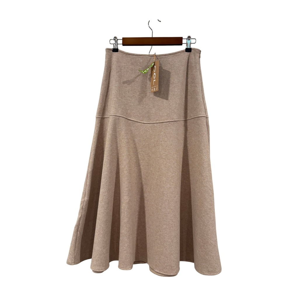 OGL Move Midi Skirt Womens Medium Beige Tan Knit High Waisted Flared Panel NWT